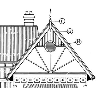 F:Gable Finial.
G:Gable Fretwork.
H:Gable Vent.