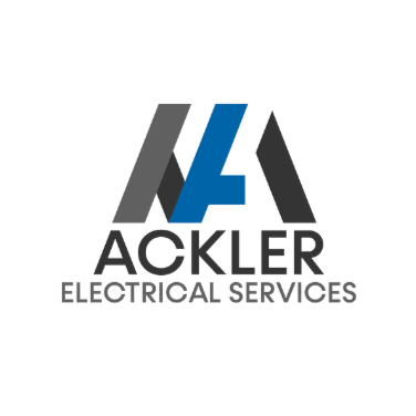The image is a logo for Ackler Electrical Services, featuring a modern design comprised of geometric shapes. The dominant colours are grey and blue, with the letter 'A' prominently illustrated. Below the graphical elements, the business name is clearly stated as 'ACKLER ELECTRICAL SERVICES' in a bold and professional font. This logo conveys a sense of reliability and professionalism, suitable for an electrical service provider.