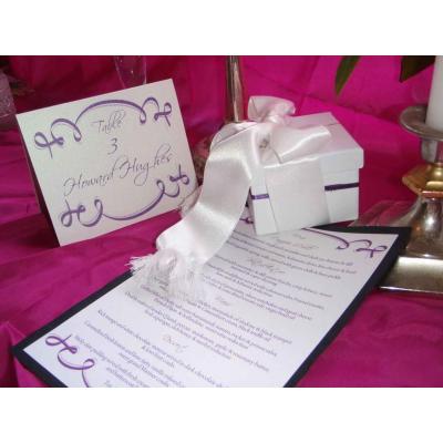 Menu, table place card and bomboniere box with white fringed satin ribbon