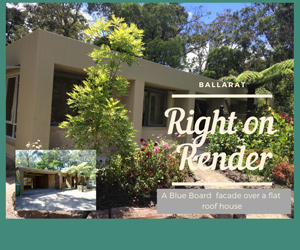 The image showcases a modern flat-roof house with a rendered facade. The building features large windows and is surrounded by well-maintained garden beds filled with vibrant greenery and flowers. A smaller image inset displays another structure with a blend of stone and render, indicating a cohesive aesthetic. The overall look suggests a contemporary design complemented by natural elements.