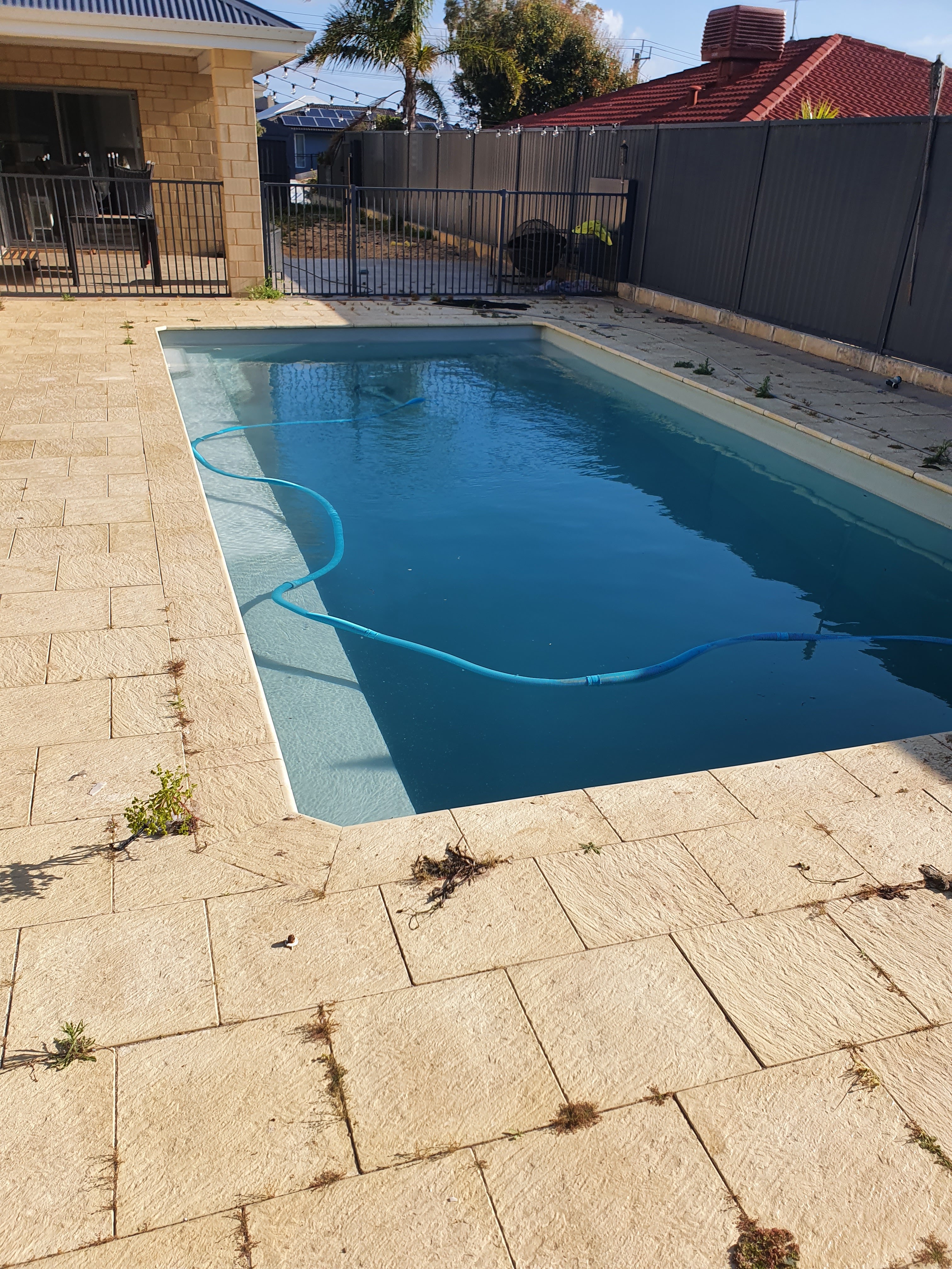 The image showcases a swimming pool that appears to be in need of maintenance. The pool has clear water but the surrounding area shows signs of neglect with visible weeds growing on the tiles. The pool features a rectangular shape with a simple design. A blue pool hose is lying in the water, likely used for maintenance or cleaning. The area around the pool is paved and enclosed by a fence, with further properties visible in the background. Overall, the pool repair service could address both the pool’s condition and the landscaping around it.