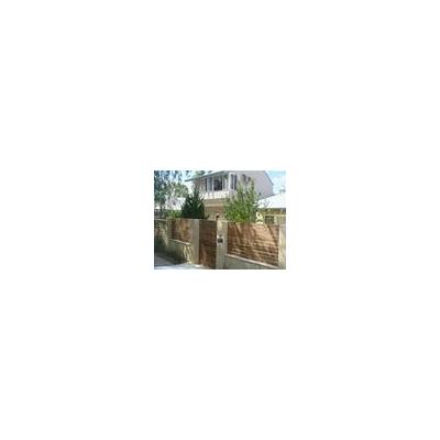 Horizontal timber and steel frames and gate.