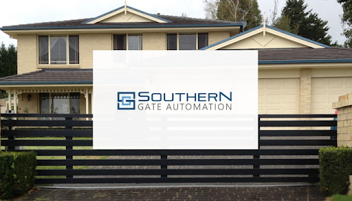 The image depicts a modern two-storey home, which reflects a contemporary architectural style with neatly kept landscaping. In the foreground, there is a striking black wooden gate that is likely automated, aligning with Southern Gate Automation's focus on smart home solutions. The gate serves as both an aesthetic feature and security measure, indicating the company’s expertise in enhancing home accessibility and safety through technology. The prominent logo of Southern Gate Automation in the centre indicates branding presence, reinforcing the company's identity as a leader in smart home solutions within the Bowral region and surrounding areas. The overall scene encapsulates the essence of sophisticated home automation, showcasing the company's offerings in residential improvements.