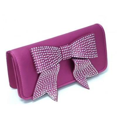 This gorgeous youthful clutch is a vibrant pink with diamante studded front bow. Satin with optional silver chain shoulder strap.