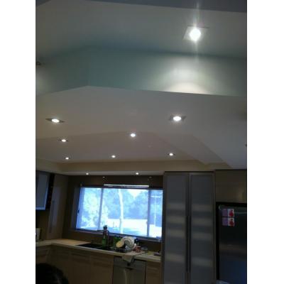 Suspended ceiling creating feature steps and angles complimenting the new kitchen layout