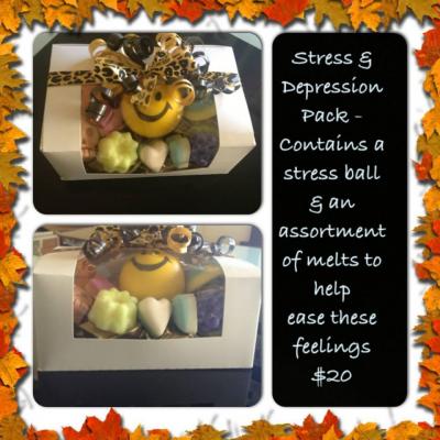 An assortment of melts that help ease the symptoms of stress and depression and a stress ball - $20.