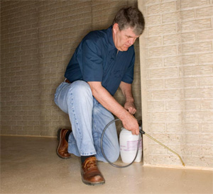 A pest control professional wearing a dark blue shirt, light blue jeans, and brown boots is kneeling on a concrete floor next to a brick wall. He is holding and using a pesticide sprayer wand to apply treatment along the base of the wall, demonstrating pest control service work typically performed by Bolton Pest Control in residential or commercial properties.