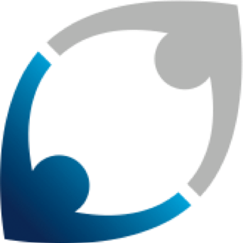 The image features a stylised logo comprising two curved arrows forming a circular shape. One arrow is in a light grey colour, while the other transitions from dark blue to a lighter shade, symbolising motion and connection.