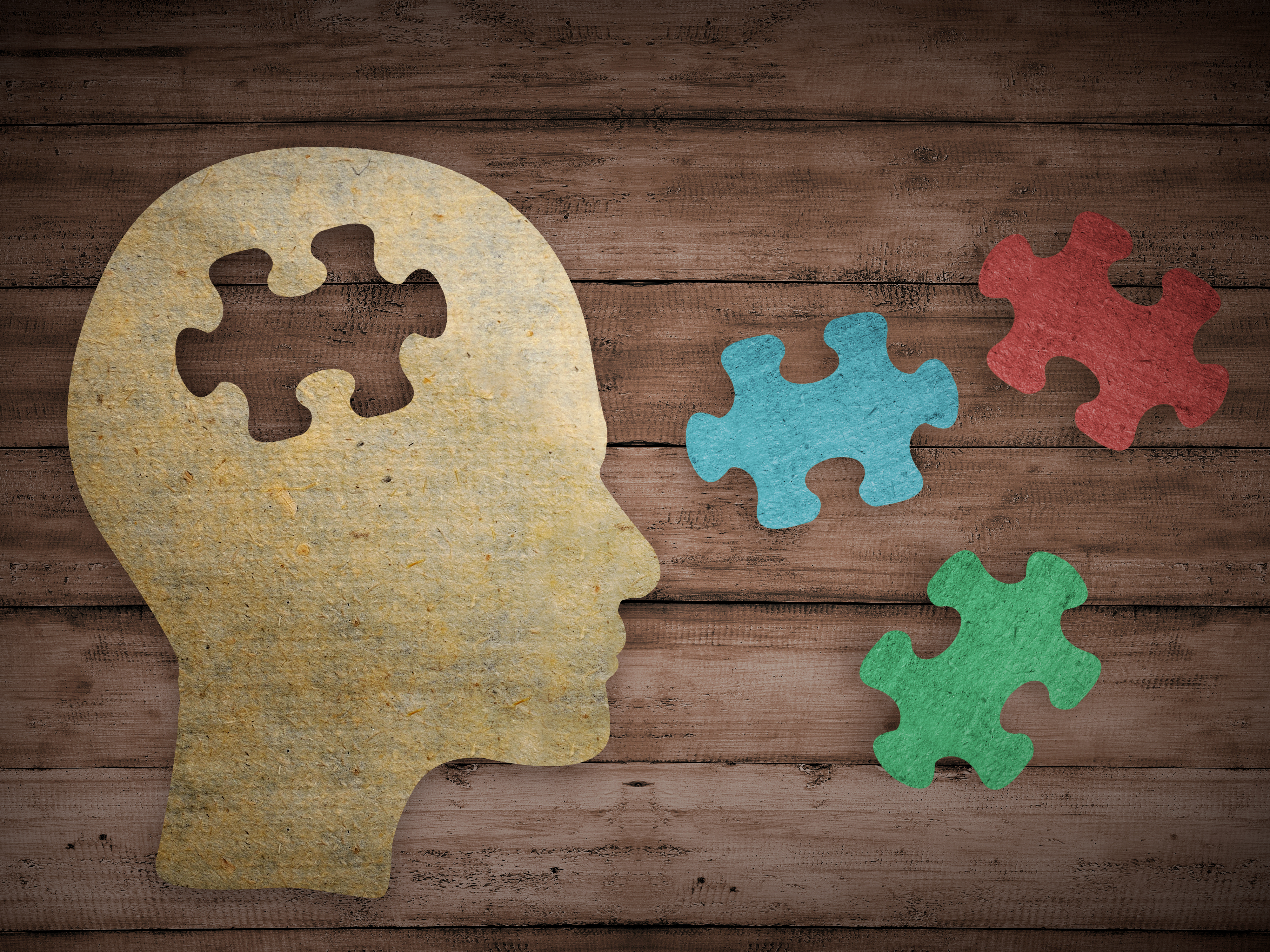 The image features a silhouette of a human head facing left, with a puzzle piece missing from the forehead area. Surrounding the head are three colourful puzzle pieces in blue, red, and green, suggesting the theme of problem-solving or filling in missing pieces. The background consists of a wooden texture, adding a rustic feel to the design.