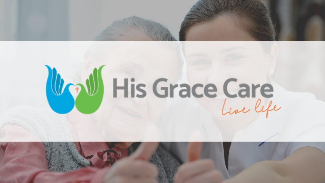 The image depicts a warm and inviting scene featuring a caregiver and an elderly client, symbolising the supportive services offered by His Grace Care. The caregiver, smiling and engaged, has her arm around the elderly woman, who appears happy and confident, giving a thumbs-up to the camera. Both individuals radiate positivity, reflecting the essence of companionship and professional home assistance. The background suggests a comfortable home environment, contributing to a sense of trust and care. The logo of His Grace Care prominently displayed at the bottom, features two hands symbolically cradling life, illustrating the agency's commitment to nurturing and supporting the elderly in various locations, including Moncrieff, Ngunnawal, and surrounding areas in ACT.