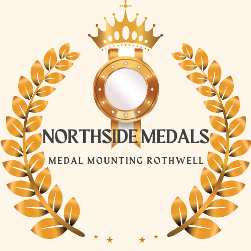 The image features a logo for Northside Medals, characterised by a gold crown atop a circular medal with a mirror surface, symbolising achievement. Surrounding the medal, golden laurel leaves are elegantly designed, further emphasising the theme of victory and recognition. The business name, 'NORTHSIDE MEDALS', is prominently displayed in bold, uppercase letters to convey strength and reliability, while the tagline 'MEDAL MOUNTING ROTHWELL' underscores their specialty in medal mounting services. The overall colour palette of gold and cream conveys a sense of prestige and excellence, suitable for a trophy shop.
