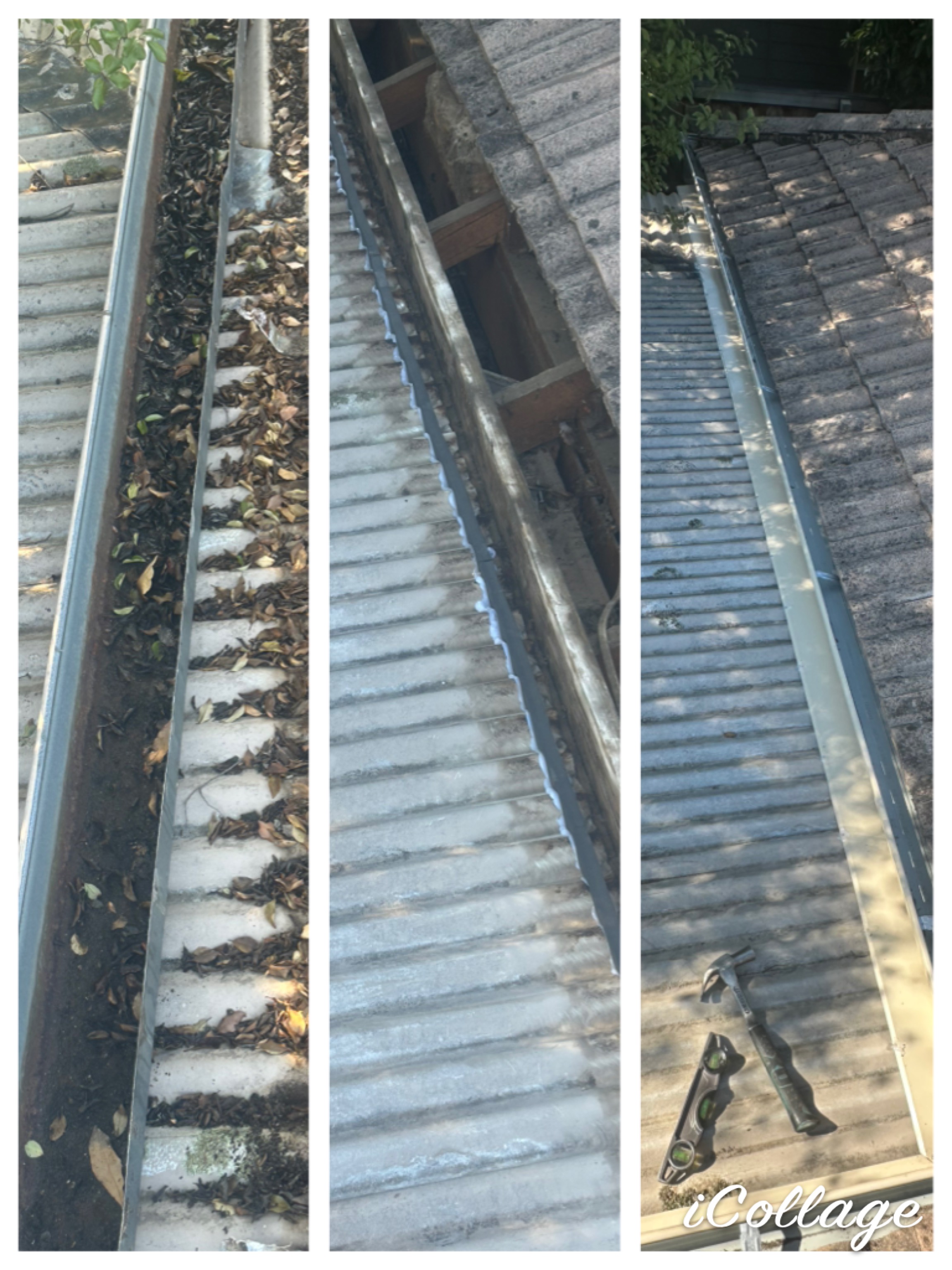 The image displays a sequence showing the process of cleaning and maintaining roofing gutters. The first section reveals a gutter clogged with leaves and debris, indicating neglect and the potential for water damage if not addressed. The second section showcases a semi-cleared gutter, highlighting the ongoing effort to remove the blockage. In the third section, the gutter appears clean and well-maintained, illustrating the effectiveness of the service provided by DJL Roofing and Gutters. This depiction emphasizes the importance of regular gutter maintenance to prevent leaks and ensure proper drainage, showcasing DJL Roofing and Gutters’ commitment to quality roofing services in Lalor and surrounding areas.