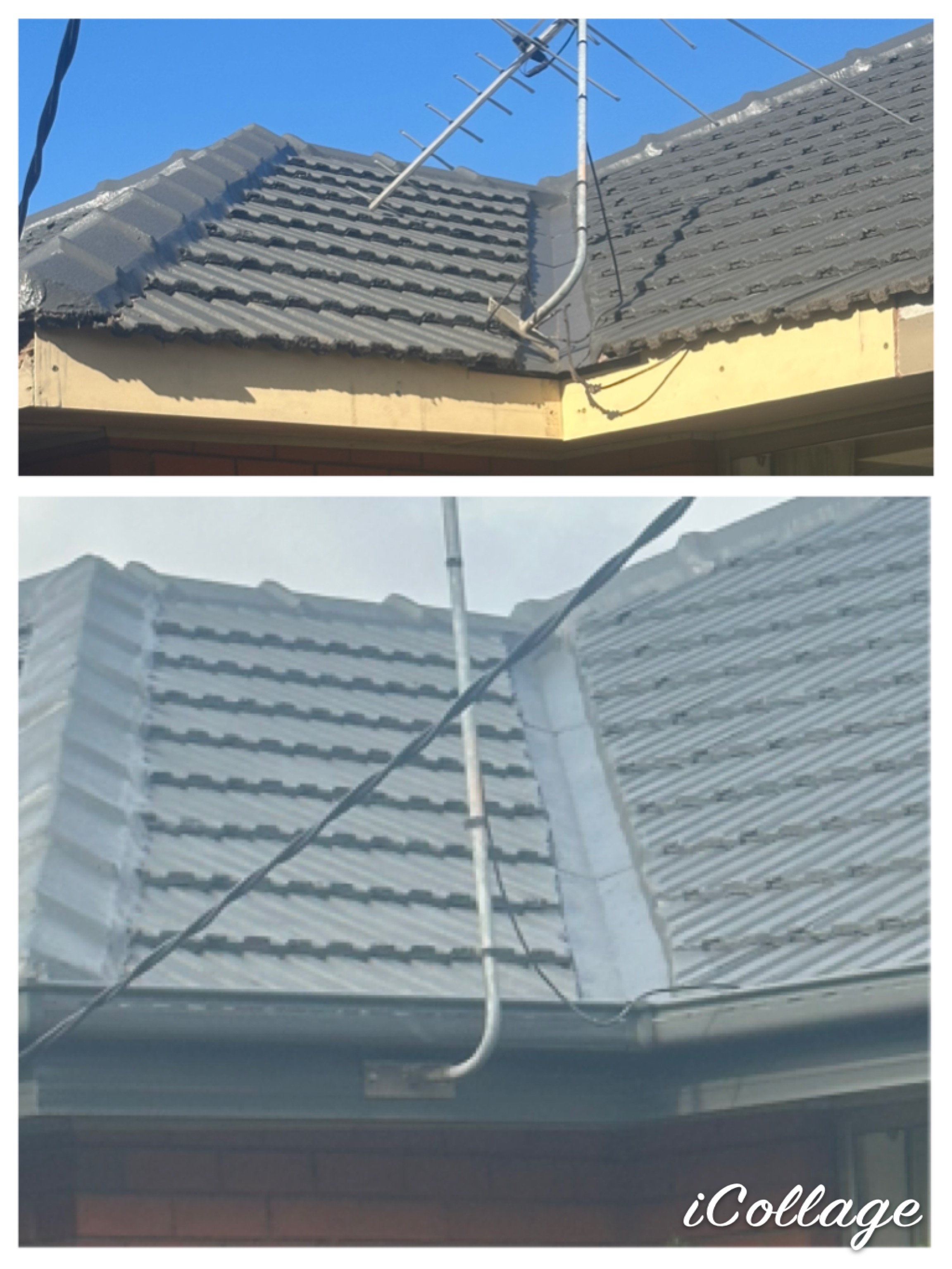 The image displays two sections of a roof with a new restoration approach. The upper section shows a faded and weathered roof, while the lower section showcases the newly restored surface, likely recently applied with roofing material for protection and aesthetic improvement. The presence of an aerial and metal pipes in both images suggests that both sections are still functional but may need some attention regarding installation or repositioning as part of a complete roof restoration service. This transformation illustrates DJL Roofing and Gutters' capability in enhancing roof longevity and appearance, catering to customers in Lalor and surrounding suburbs like Thomastown and Epping.