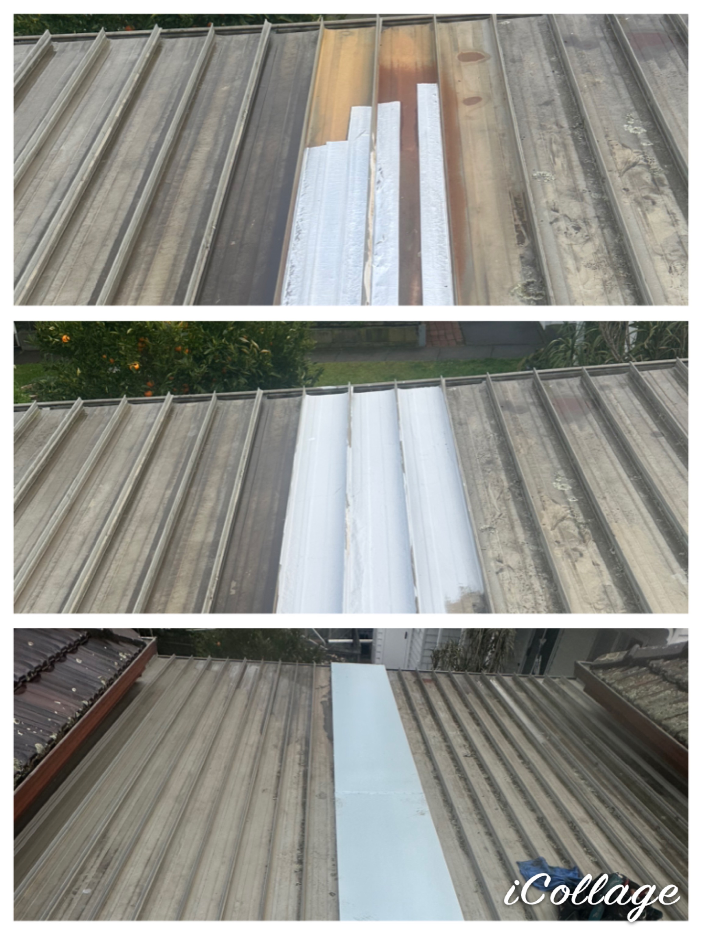 The image showcases three separate panels of a corrugated metal roof, highlighting various stages of maintenance or repair. The top section displays areas where old, rusted metal is visible, suggesting significant wear and tear typical of aging roofs. The middle panel shows white-painted sections, indicating recent repairs or touch-ups, likely addressing leaks or structural concerns. In the bottom section, a newly applied coating of a smooth, shiny blue finish suggests either a fresh installation or restoration effort aimed at enhancing both aesthetics and durability. This progression illustrates DJL Roofing and Gutters’ commitment to rejuvenating roofs, ensuring quality and reliability for clients in Lalor and surrounding areas.