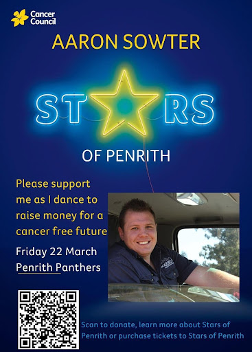 The image features a promotional poster for an event called 'Stars of Penrith' benefiting the Cancer Council. It showcases Aaron Sowter, who appears to be a participant raising funds through a dance performance, possibly aimed at supporting cancer research and awareness. The date of the event is indicated as Friday, 22 March at Penrith Panthers, and there is a QR code included for donations or ticket purchases. Within the context of Penrith City Plumbing Services, this image embodies community engagement and support for local events, underlining the business's commitment to contributing positively to the Mulgoa area and its surrounding communities.