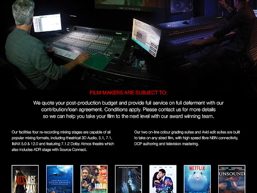 The image depicts a professional film studio environment designed for post-production work. The main focus is a control room with high-end audio and video editing equipment. A large mixing console, surrounded by monitors displaying film editing software, indicates the studio's capabilities in audio and visual editing. Additionally, it highlights the studio's offerings, including 3D audio, IMAX and Dolby Atmos technology, and DCP authoring services, catering specifically to filmmakers. On display, there are several film posters which serve as a testament to the studio's experience and previous projects. The text outlines the studio's approach to project budgets and invites potential clients to reach out for tailored services, signifying a collaborative approach to film production.