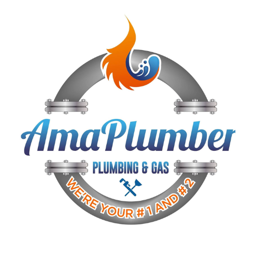 The image features a professional logo for AmaPlumber Plumbing & Gas. It includes the business name 'AmaPlumber' prominently displayed in a stylised font, with 'PLUMBING & GAS' in smaller print beneath. A striking flame graphic is integrated into the design, suggesting a focus on gas services alongside plumbing. The logo is encircled by a metallic pipe, further emphasising the plumbing theme. The tagline 'WE'RE YOUR #1 AND #2' cleverly references plumbing in a playful manner, enhancing brand recognition. Overall, the design conveys reliability and professionalism, ideal for a plumbing business in Iluka, WA.