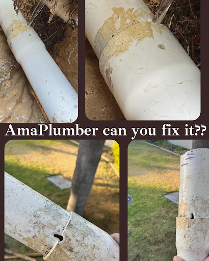 The image depicts a series of photos showing a damaged pipe, likely a PVC drain line, with signs of blockage and debris. Water is leaking from the pipe, indicating a failure in the plumbing system. The top-left image shows a pipe with a fracture, the top-right features evidence of dirty water and surrounding soil indicating backflow issues, while the bottom images highlight different angles of the damaged section. This visual conveys urgency and the need for professional plumbing repair services.