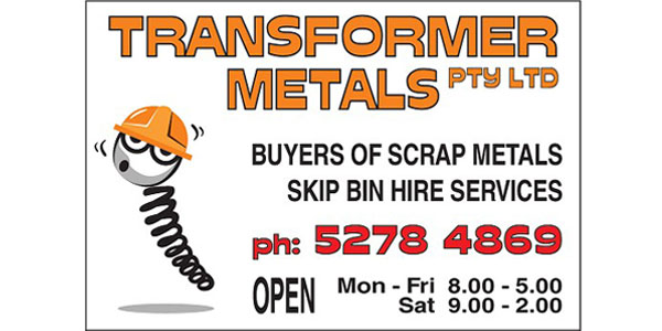 The image is an advertisement for Transformer Metals Pty Ltd, a business specialising in buying scrap metals and providing skip bin hire services. It features the business name prominently at the top in bold orange text, with a playful spring-like character wearing a safety helmet to the left. The contact phone number is displayed in red for emphasis. Opening hours are clearly stated as Monday to Friday from 8:00 AM to 5:00 PM, and Saturday from 9:00 AM to 2:00 PM. The overall design is clean and professional, targeting potential customers looking to sell scrap metal or hire skip bins in the North Geelong area and surrounding suburbs.