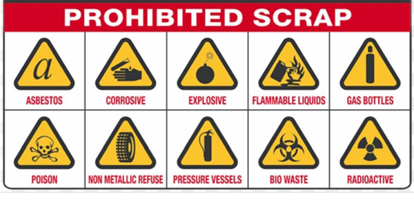 The image is a safety sign listing types of scrap materials that are prohibited from being accepted at the metal recycling facility. It features a red header titled 'PROHIBITED SCRAP' and ten yellow triangular warning icons each representing a specific hazardous scrap type: asbestos, corrosive materials, explosives, flammable liquids, gas bottles, poison, non-metallic refuse, pressure vessels, bio waste, and radioactive materials. This sign is crucial for Transformer Metals in North Geelong and their serviced locations to ensure safe scrap metal recycling operations and prevent hazardous materials from entering the facility.