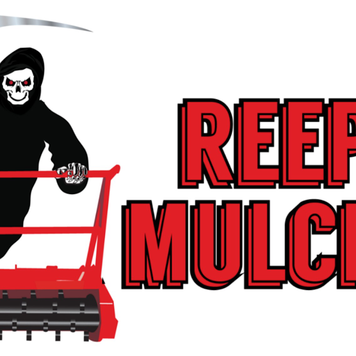 The image features a striking design for Reeper Mulching, incorporating a grim reaper character prominently wielding a mulching machine. The character is cloaked in black, enhancing the dramatic effect, while the skull adds an edgy touch to the branding. The bold, red lettering spelling 'REEPER MULCHING' stands out against a clean, white background, making the text eye-catching and enhancing brand visibility. This design effectively communicates the business’s focus on land clearing and mulching services with a unique visual identity that captures attention.