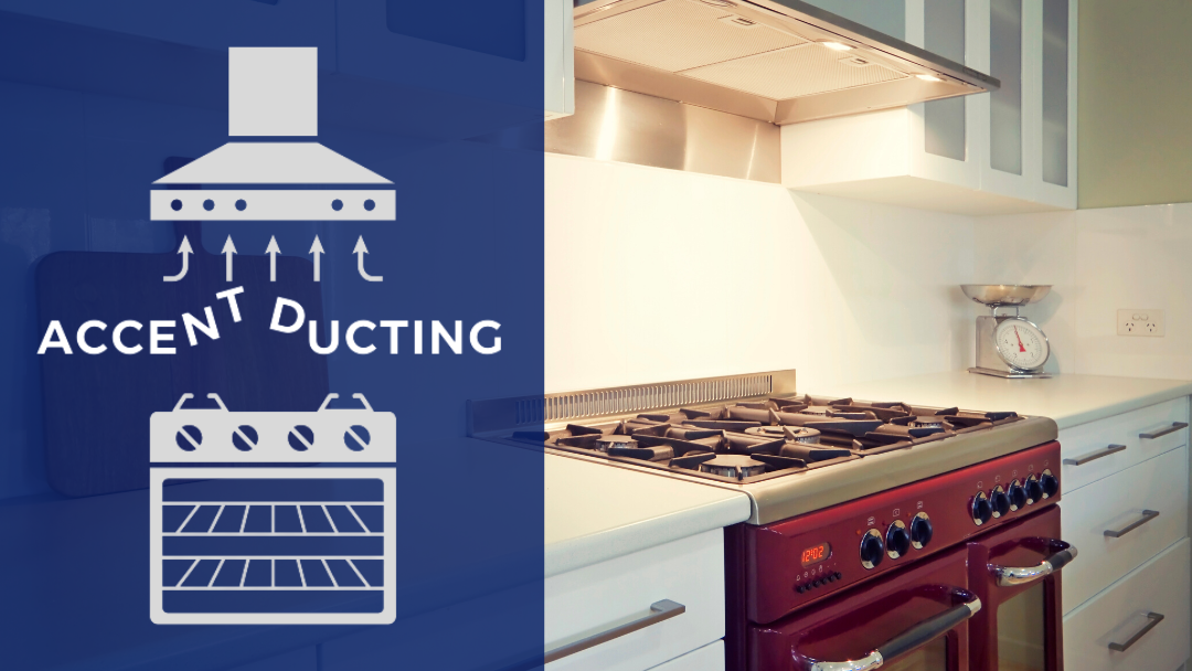 The image displays a modern kitchen setting featuring a sleek gas stove in the foreground, complemented by a contemporary range hood overhead. The range hood is designed to effectively extract cooking odours and smoke, essential for a functional kitchen. There's a scale on the countertop, highlighting a focus on culinary activities. To the left, an icon representation of the Accent Ducting logo is present, emphasising the brand's identity. The overall design suggests a clean and sophisticated space that accentuates both aesthetics and practicality, appealing to consumers considering kitchen renovations. The image effectively communicates the business's commitment to enhancing kitchen experiences through quality products and renovations.