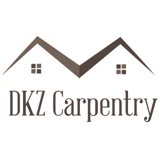 The image displays the logo of DKZ Carpentry, characterised by two abstract house silhouettes showcasing symmetrical roofs. The logo employs a minimalist design with a clean and modern aesthetic. The colours are neutral, conveying a professional and approachable feel, likely a deep brown or taupe. The logo prominently features the name 'DKZ Carpentry' in an elegant yet bold font, suggesting reliability and craftsmanship. The use of architectural elements suggests a focus on carpentry and construction services.