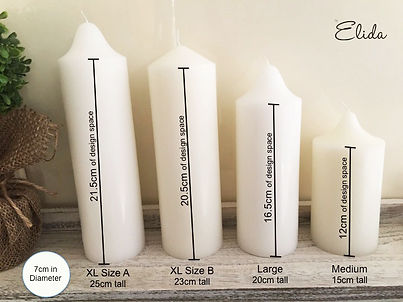 The image showcases a selection of elegant white candles in various heights, ideal for creating a romantic atmosphere at weddings. Each candle is clearly labelled with its size, indicating different height options: XL Size A (25cm tall), XL Size B (20cm tall), Large (20cm tall), and Medium (15cm tall), all with a consistent diameter of 7cm. The candles are displayed against a rustic wooden background, enhancing their aesthetic appeal for wedding decorations. The candles could be used as centrepieces, accentuating tablescapes or creating ambient lighting for ceremonies and receptions. This visual representation highlights By Elida's offerings in wedding services, suggesting versatile decoration options for clients in Canada Bay and surrounding areas.