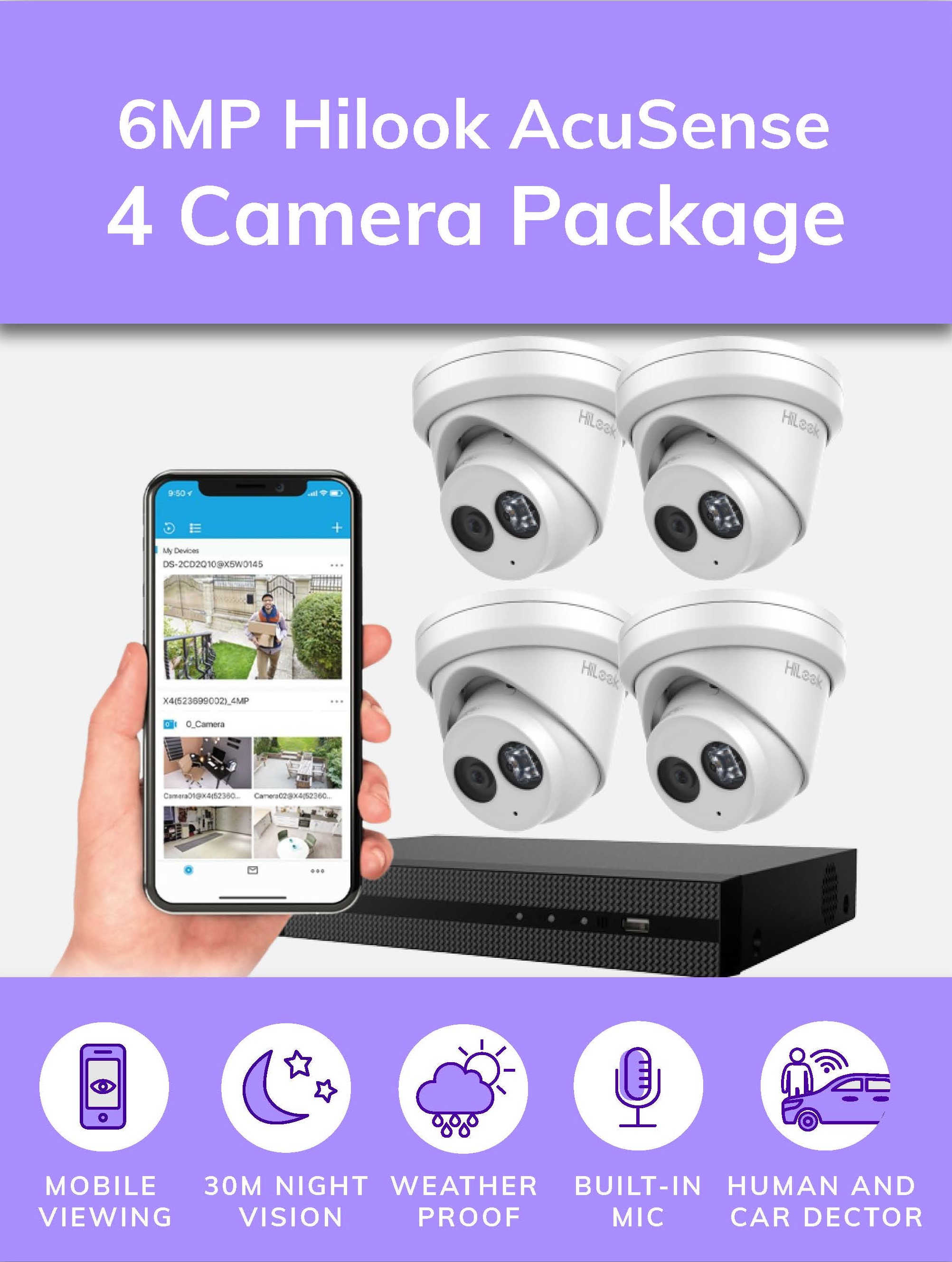 HiLook AcuSense 6MP IP CCTV 4x SECURITY CAMERAS