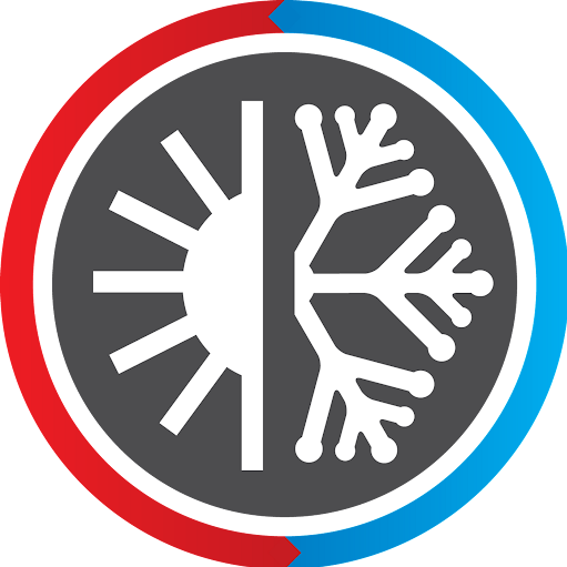 The image is a circular logo symbolising HVAC services. It features a design split into two halves; the left half depicts a sun with rays representing heat or warmth, and the right half shows a snowflake indicating cold or cooling. Surrounding the circle is a red and blue curved arrow, symbolising temperature control and the balance between heating and cooling. This icon effectively represents air conditioning and refrigeration services, suitable for M and M Commercial Refrigeration and AC, an air conditioning contractor.