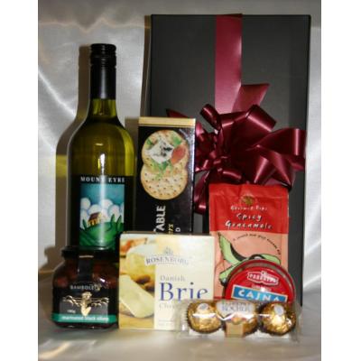 A selection of groumet treats with a bottle of Red or White wine.